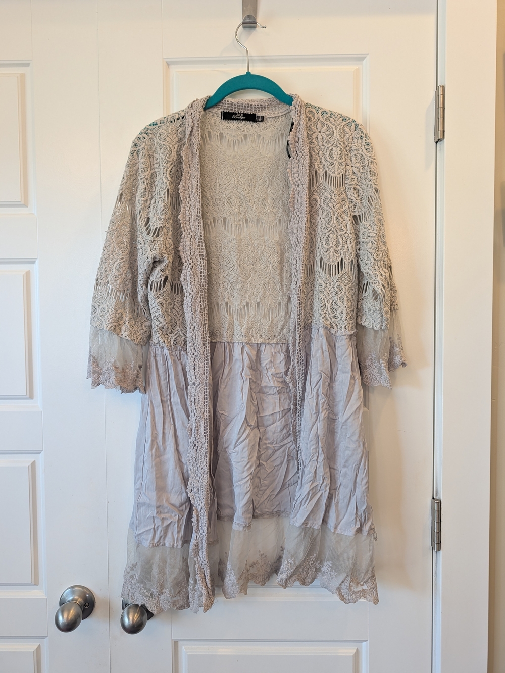 BKE Boutique Crochet Lace Mixed Media Duster Cardigan Jacket Small Boho